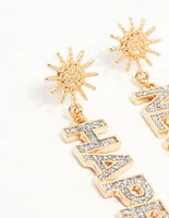 Gold Happy New Years Eve Diamante Drop Earrings