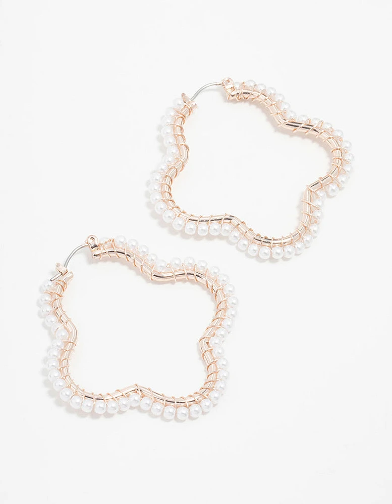 Rose Gold Flower & Pearl Hoop Earrings