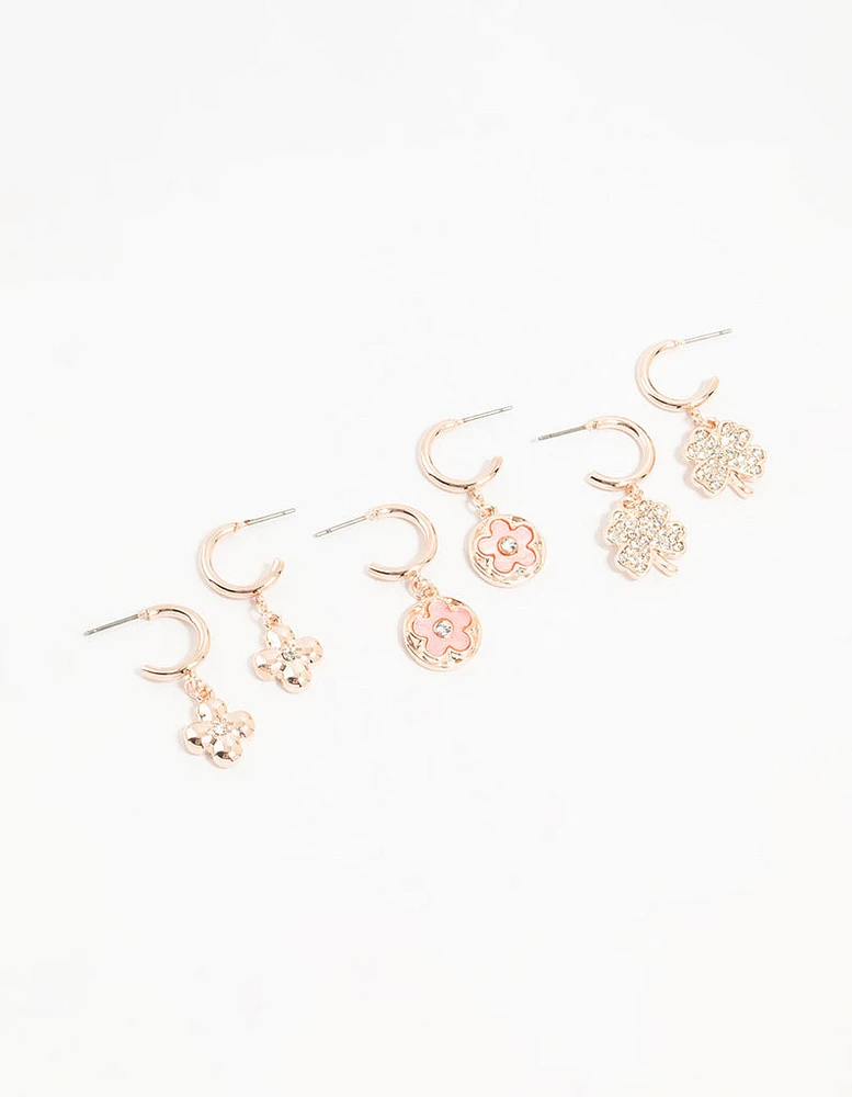 Rose Gold Flower & Clover Hoop Earrings 3-Pack