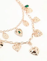 Rose Gold Heart & Green Diamante Charm Layered Necklace