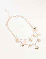 Rose Gold Heart & Green Diamante Charm Layered Necklace