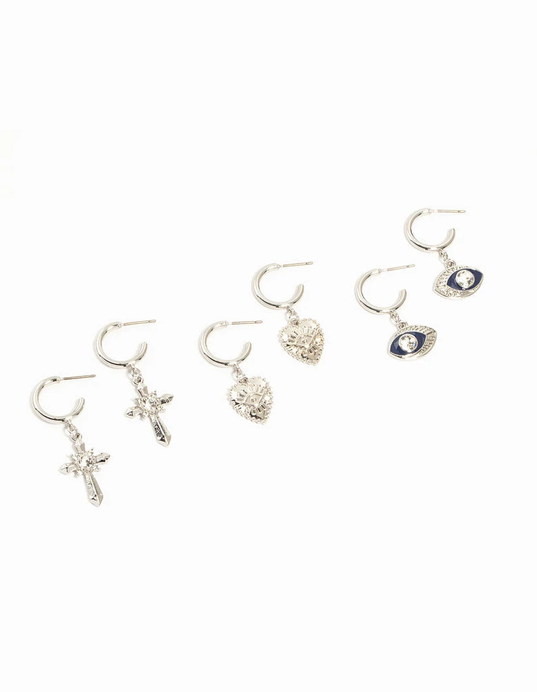 Silver Heart, Evil Eye & Cross Hoop Earrings 3-Pack