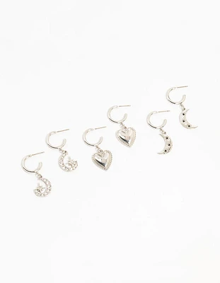 Silver Heart, Moon & Star Hoop Earrings 3-Pack