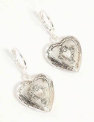 Antique Silver Heart Locket Drop Earrings