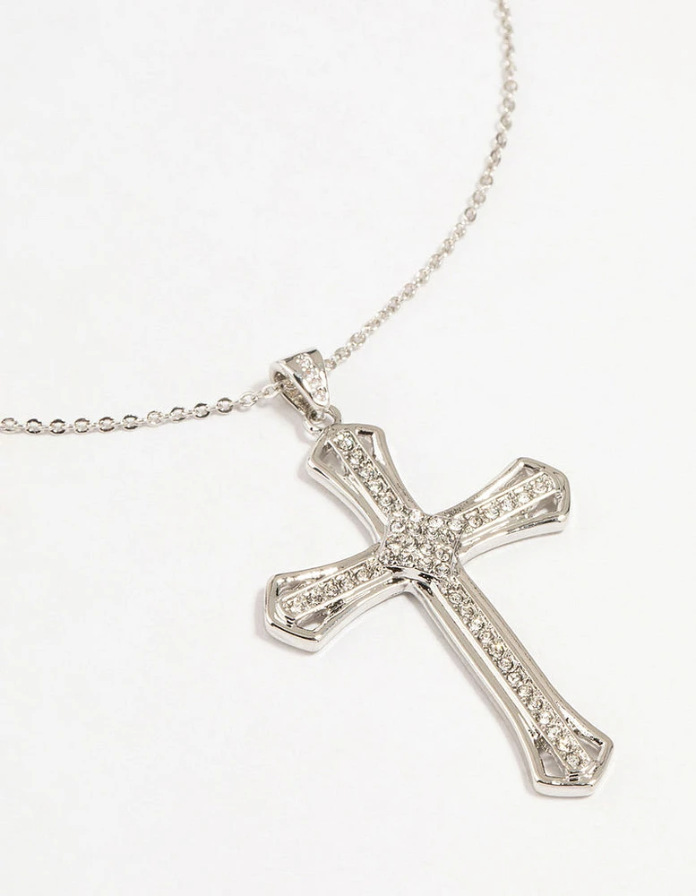 Silver Bold Diamante Cross Necklace