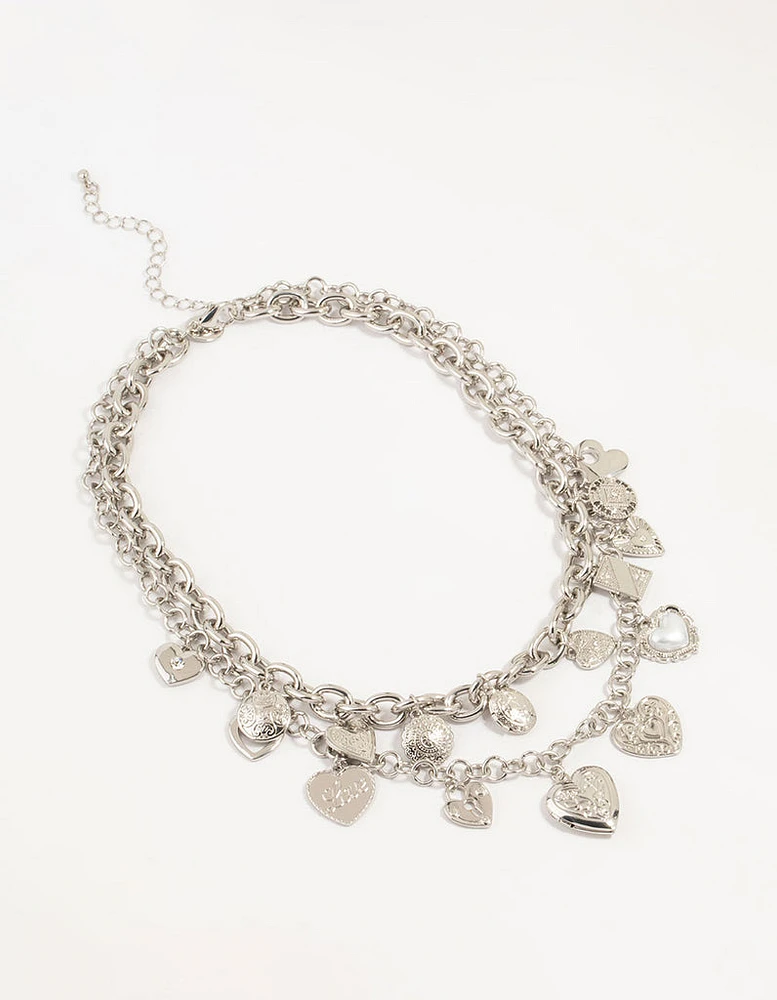 Silver Layered Heart Charm Necklace