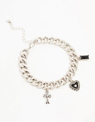 Antique Silver Rustic Heart & Diamante Charm Bracelet