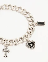 Antique Silver Rustic Heart & Diamante Charm Bracelet