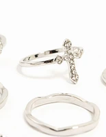 Silver Gothic Cross & Twisted Stacking Rings 12-Pack