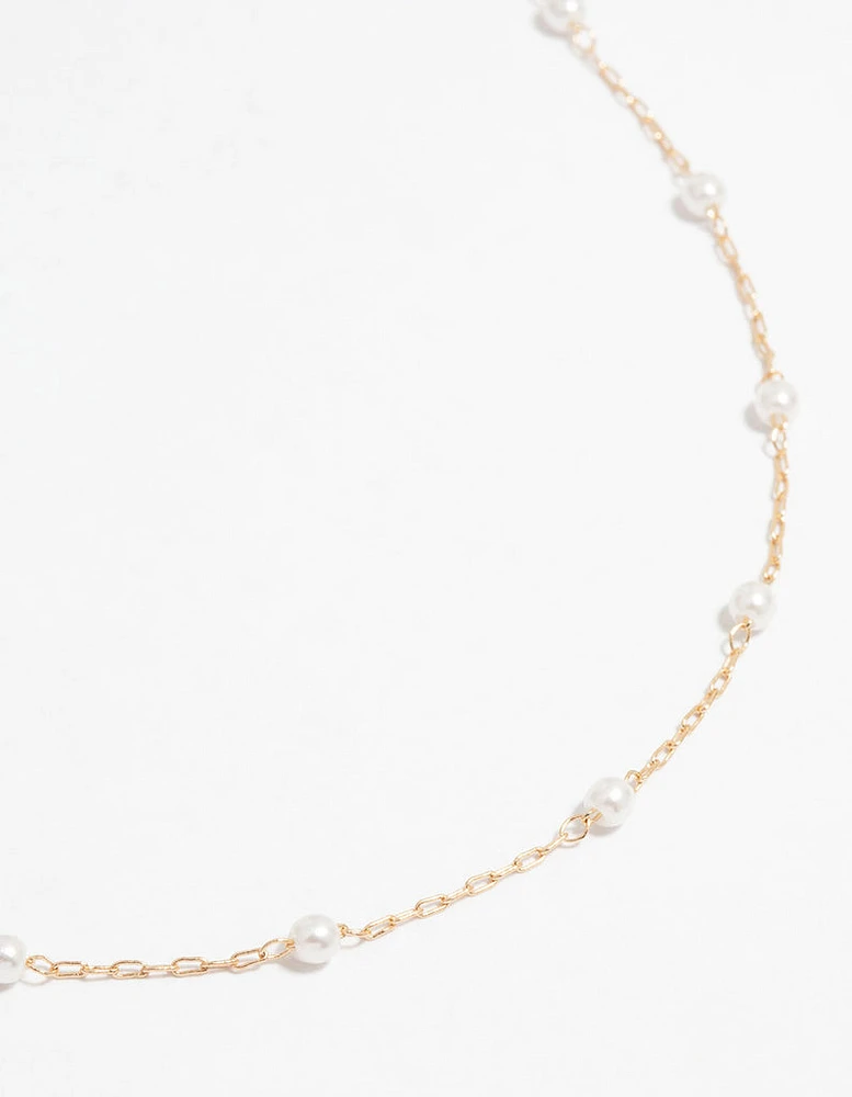 Gold Fine Pearl Station Necklace