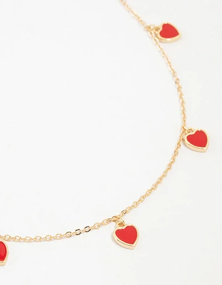 Gold Red Enamel Heart Necklace