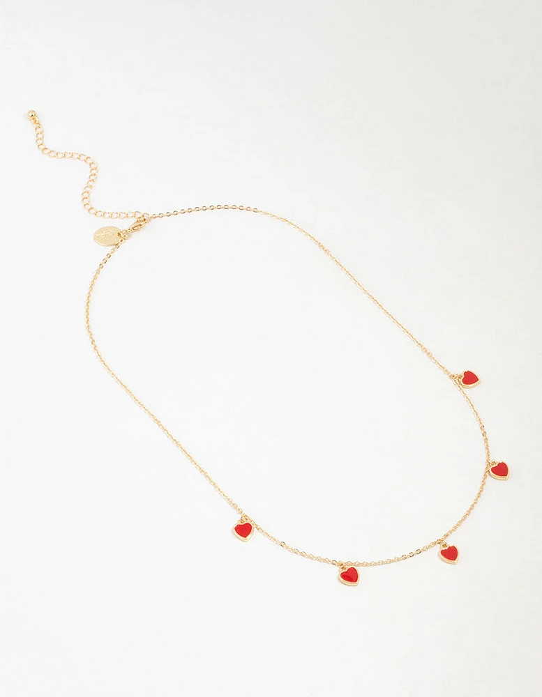 Gold Red Enamel Heart Necklace