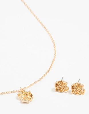 Gold Rosette Necklace and Stud Earrings Set