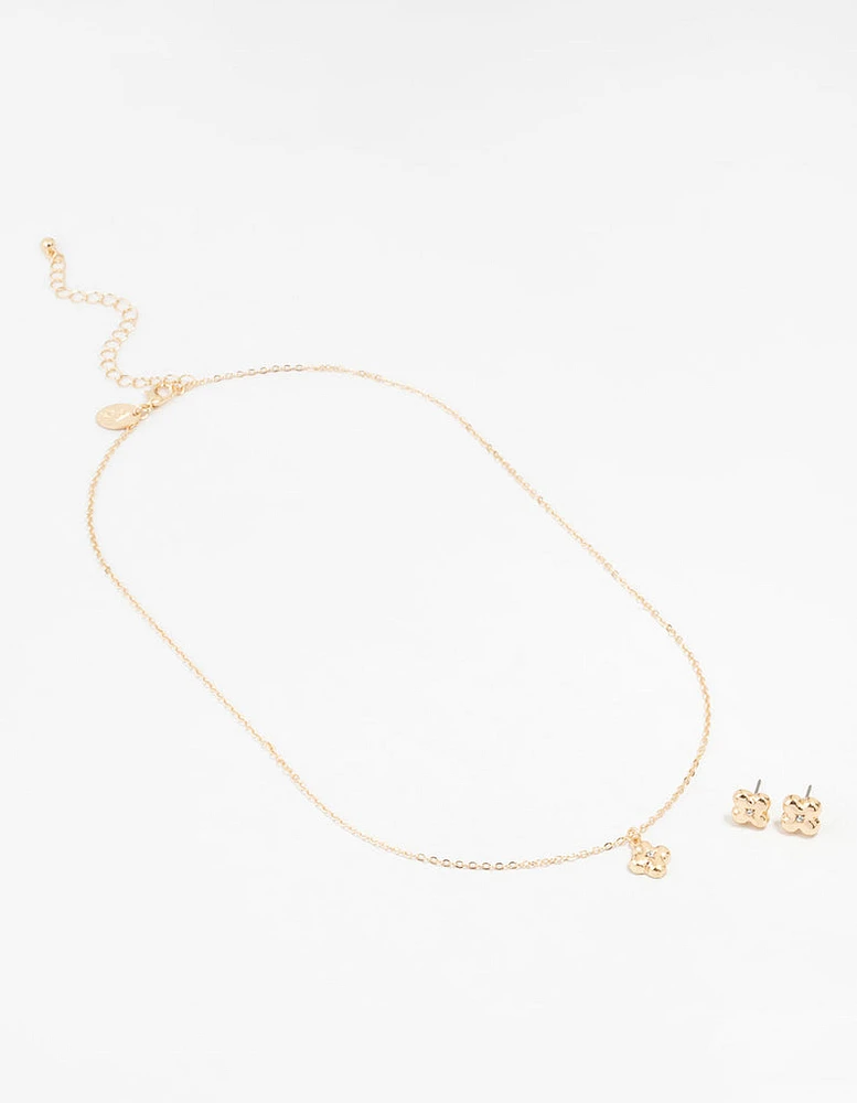 Gold Bubble Cross Necklace and Earrings Set