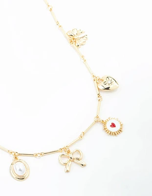 Gold Plated Heart & Bow Charm Necklace