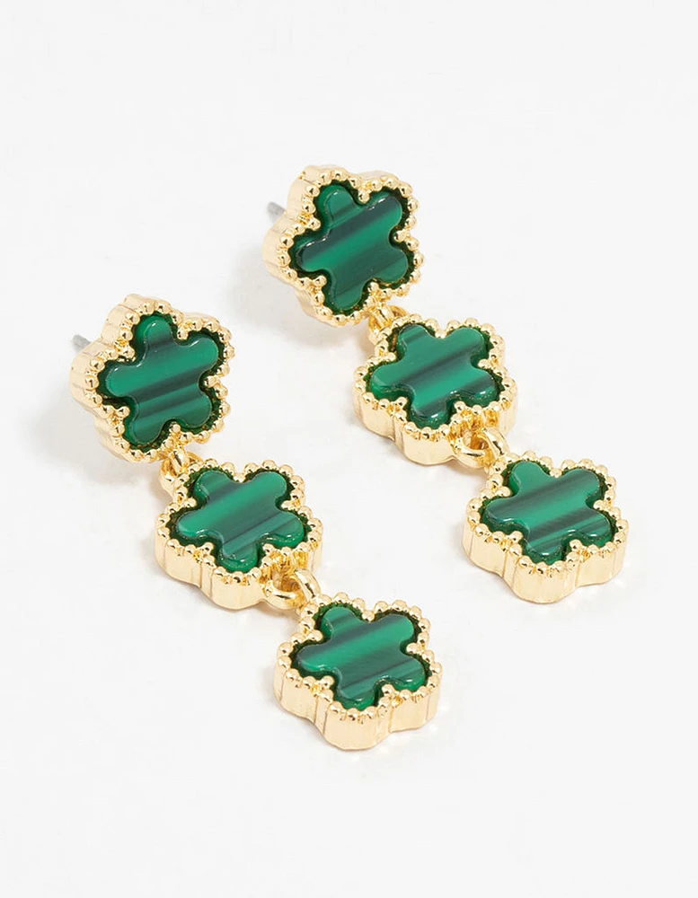 Gold Plated Emerald Clover Trio Drop Earrings