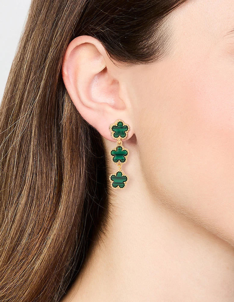 Gold Plated Emerald Flower Trio Drop Earrings