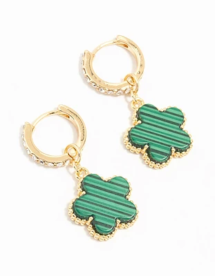 Gold Plated Emerald Flower Hoop Drop Earrings