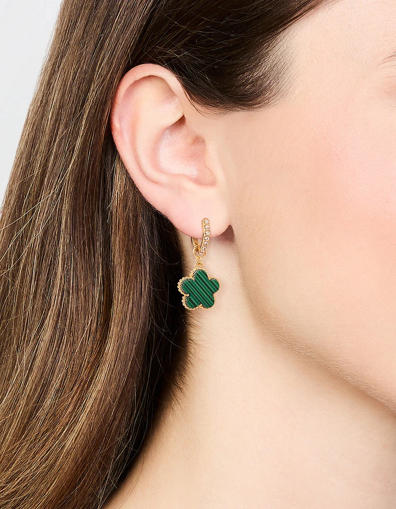 Gold Plated Emerald Clover Hoop Drop Earrings