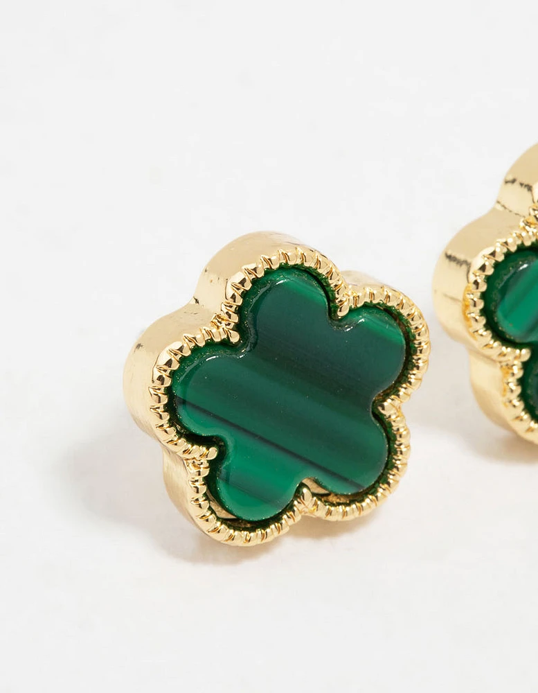 Gold Plated Emerald Clover Stud Earrings