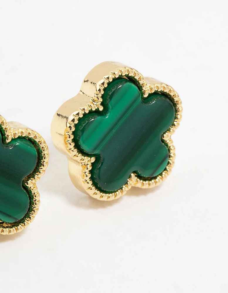 Gold Plated Emerald Clover Stud Earrings