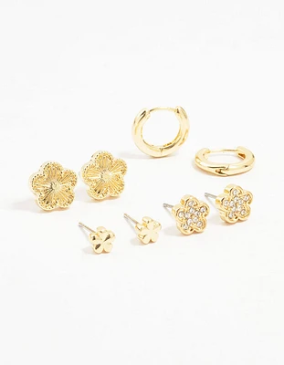 Gold Plated Brass Mini Flower Earrings 4-Pack