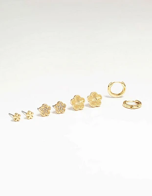 Gold Plated Brass Mini Flower Earrings 4-Pack