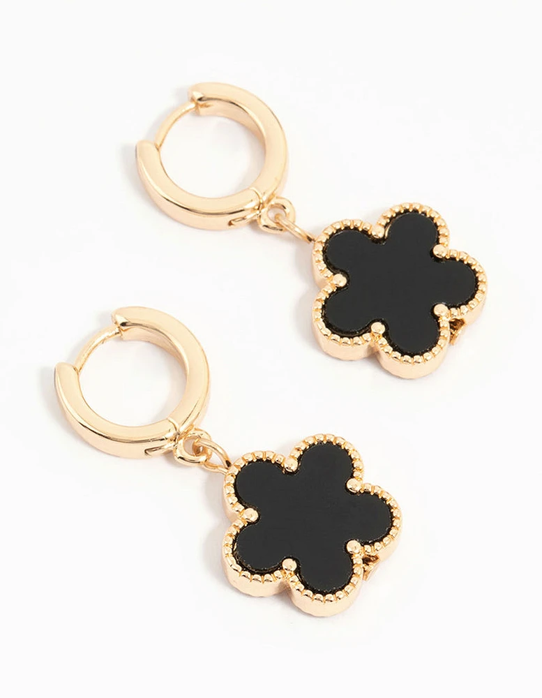 Gold Black Flower Drop Huggie Earrings