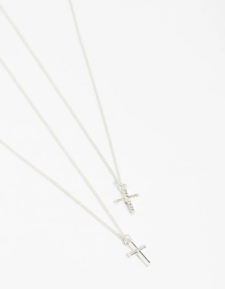 Silver Plain & Diamante Cross Pendant Necklaces 2-Pack