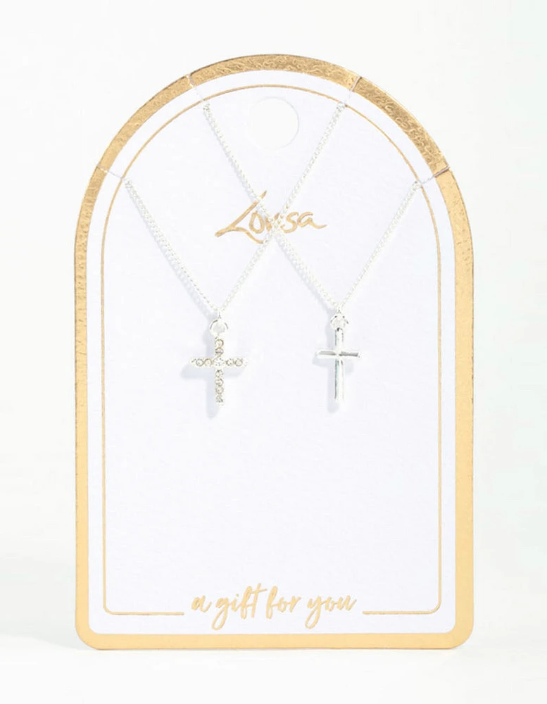 Silver Plain & Diamante Cross Pendant Necklaces 2-Pack