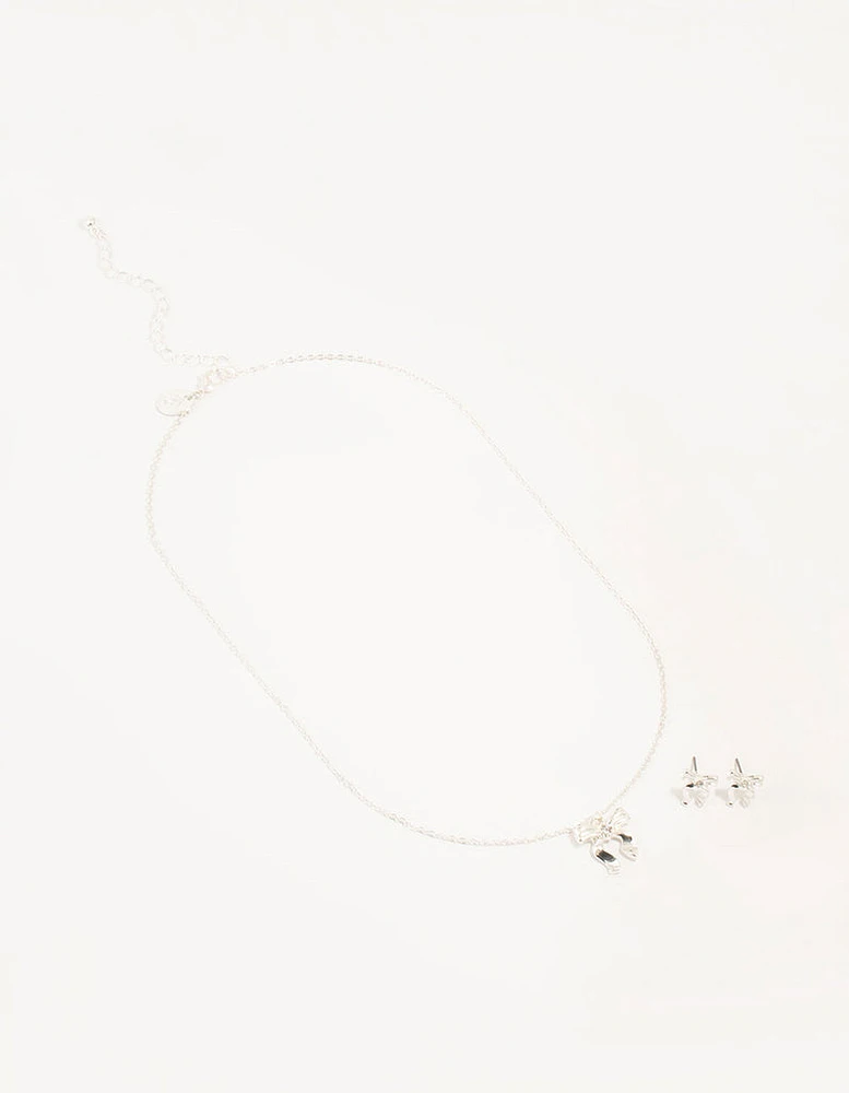 Silver Bow Necklace and Earrings Set