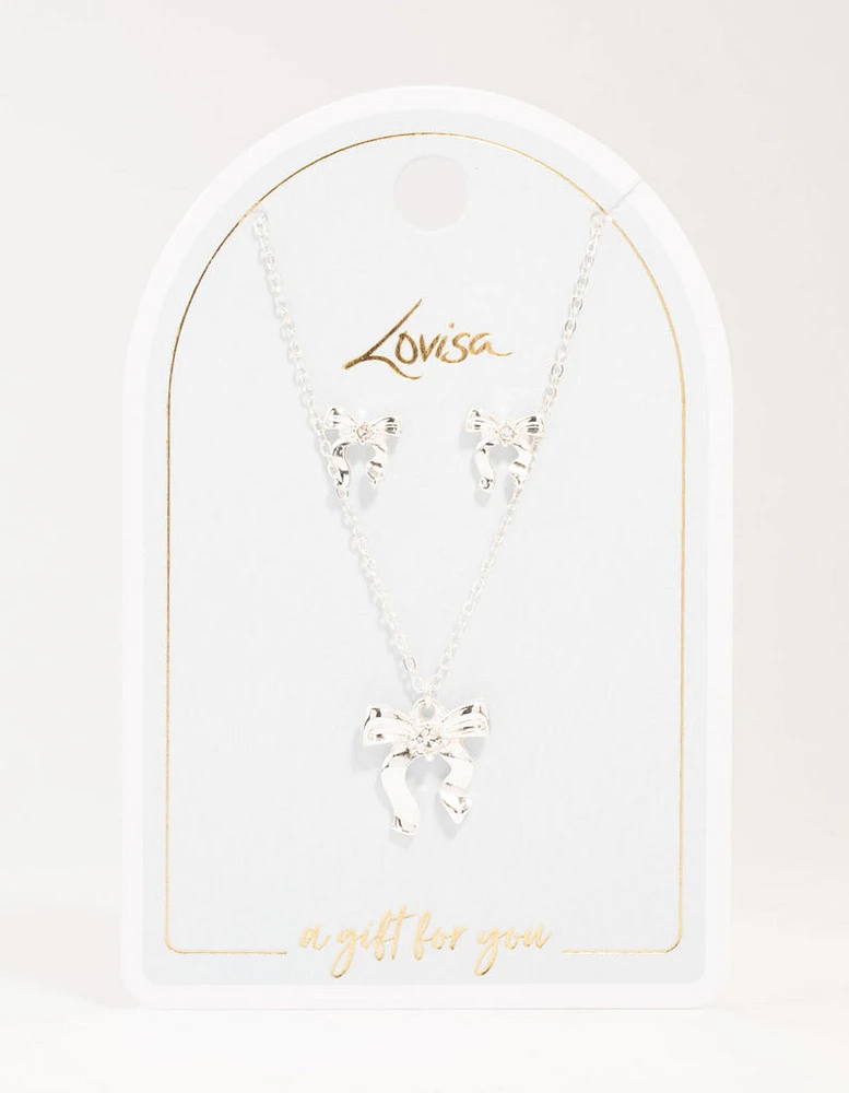 Silver Bow Necklace and Earrings Set