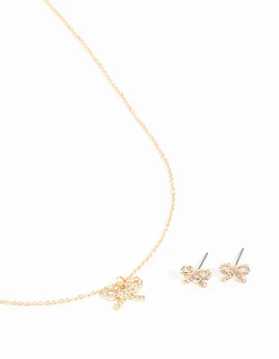 Gold Bow Diamante Necklace & Earrings Set