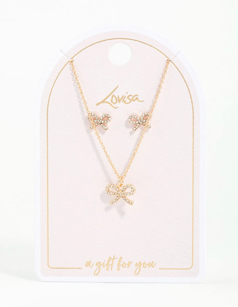 Gold Bow Diamante Necklace & Earrings Set