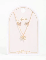 Gold Bow Diamante Necklace & Earrings Set