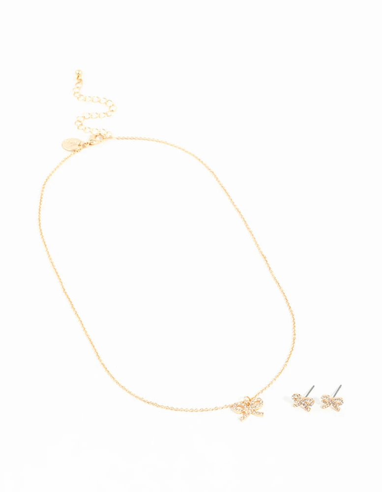 Gold Bow Diamante Necklace & Earrings Set