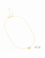 Gold Bow Diamante Necklace & Earrings Set