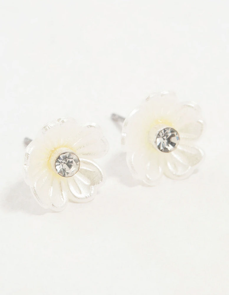 Silver White Flower Diamante Stud Earrings