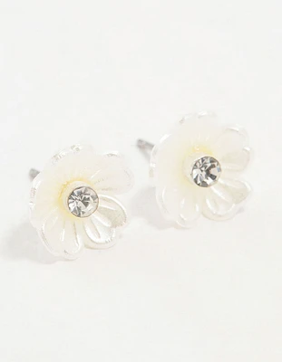 Silver White Flower Diamante Stud Earrings