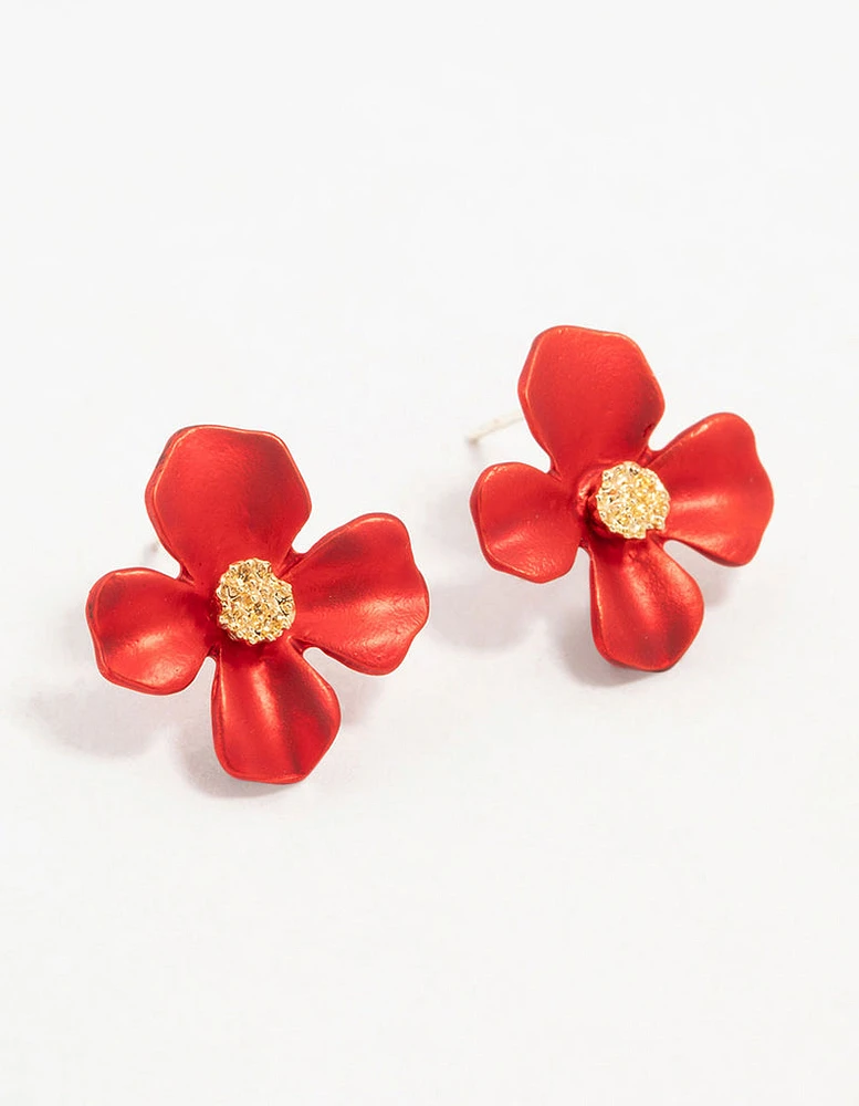 Gold Red Pearlised Flower Stud Earrings