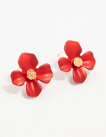 Gold Red Pearlised Flower Stud Earrings