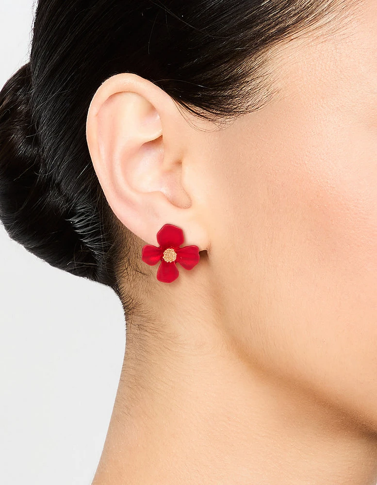 Gold Red Pearlised Flower Stud Earrings