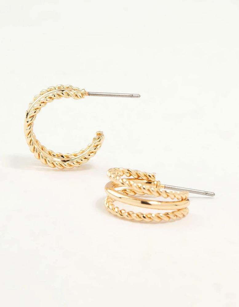 Gold Twisted and Plain Triple Huggie Earrings