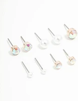 Rose Gold Round Pearl & Aurora Borealis Diamante Stud Earrings 8-Pack