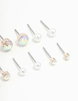 Rose Gold Round Pearl & Aurora Borealis Diamante Stud Earrings 8-Pack