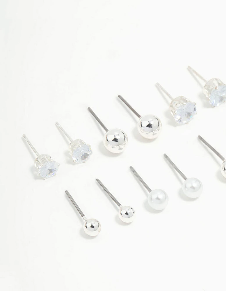 Silver Diamante & Pearl Stud Earrings 8-Pack