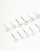 Silver Diamante & Pearl Stud Earrings 8-Pack