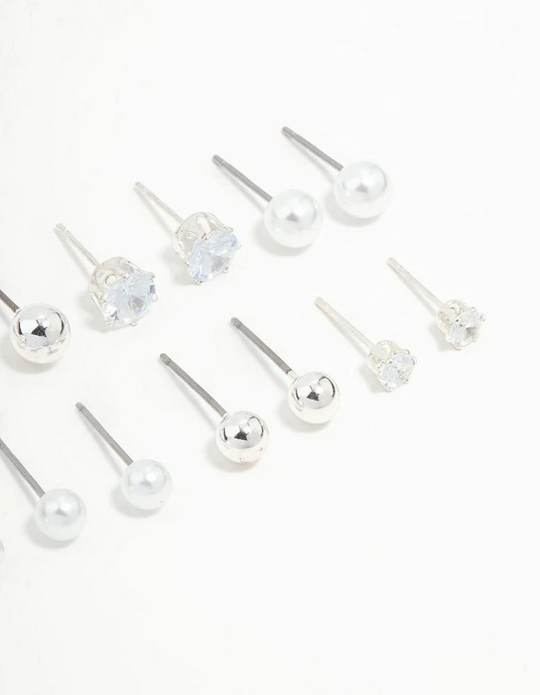 Silver Diamante & Pearl Stud Earrings 8-Pack