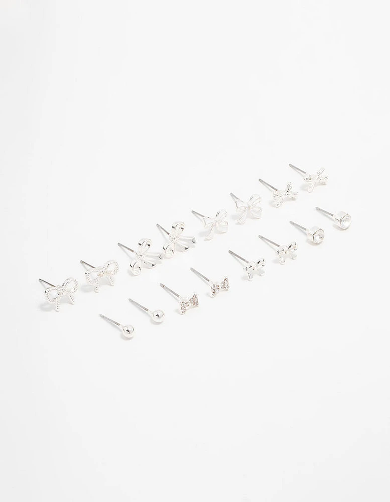 Silver Diamante & Bow Stud Earrings 8-Pack