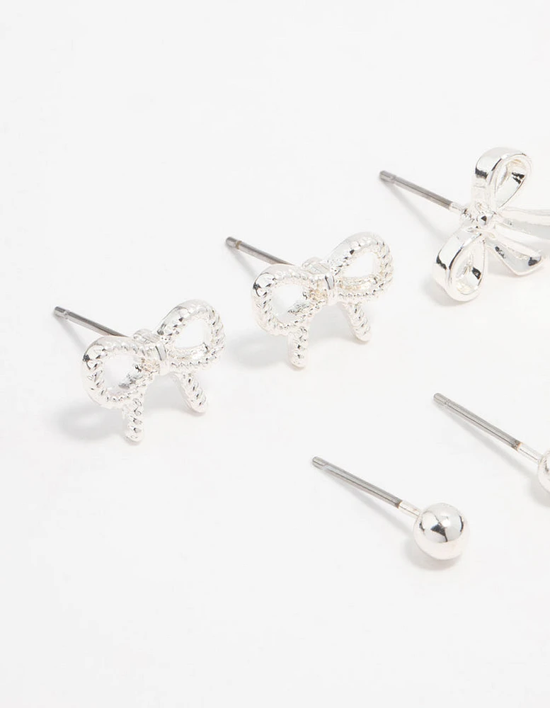 Silver Diamante & Bow Stud Earrings 8-Pack